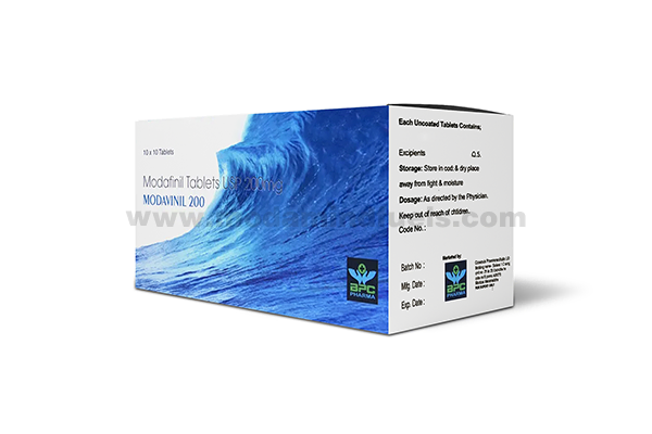 Modavinil 200mg modafinil tablets USP 200mg box packaging by ABC Pharma for wakefulness and focus support