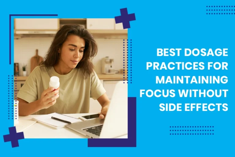 Young woman looking at pill bottle while working at home office.