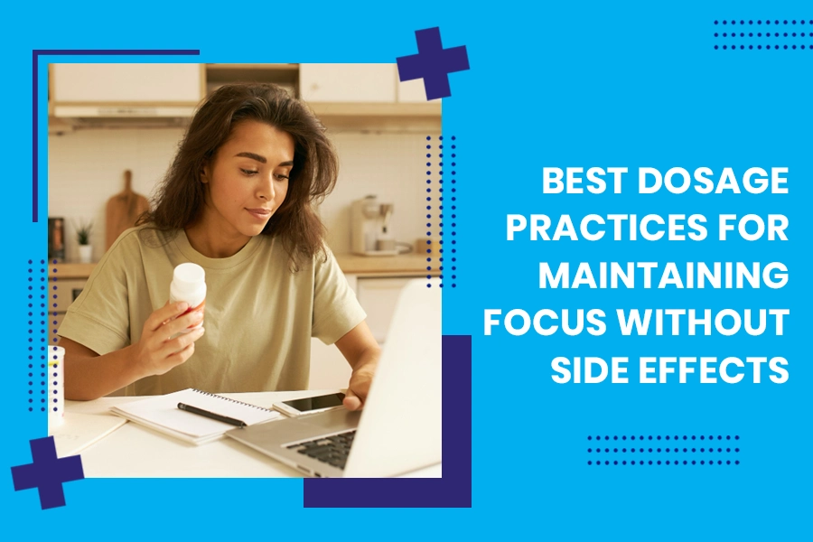 Young woman looking at pill bottle while working at home office.