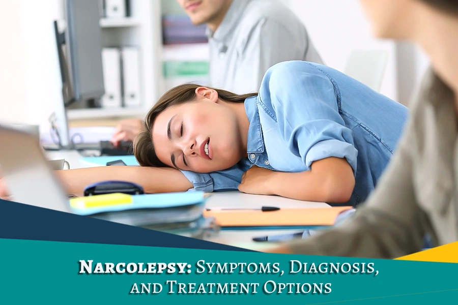Woman suddenly falling asleep at a desk, representing Narcolepsy symptoms and the need for proper Diagnosis.