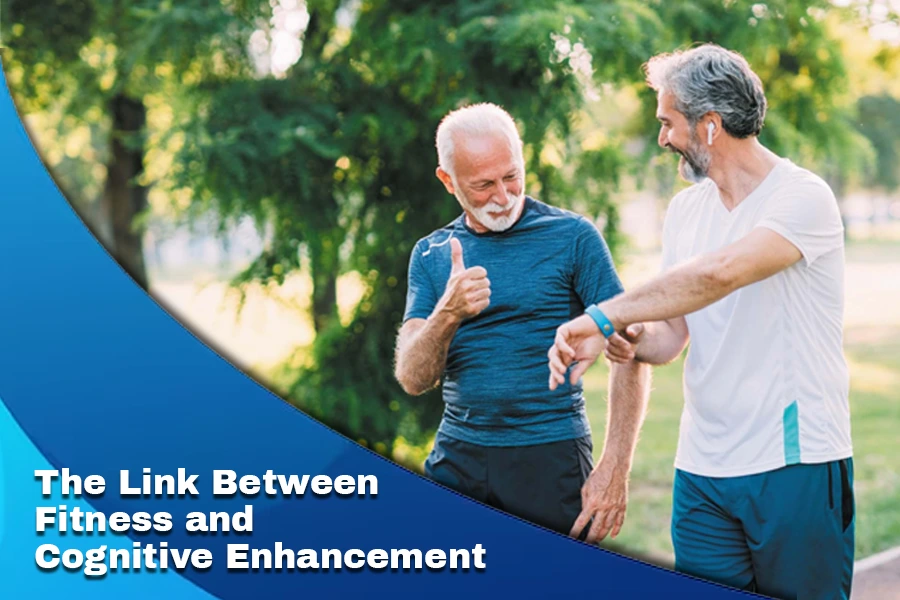 An older man sitting on a gym floor smiling and shaking hands with a young female trainer holding a tablet, symbolizing fitness and cognitive enhancement through exercise.