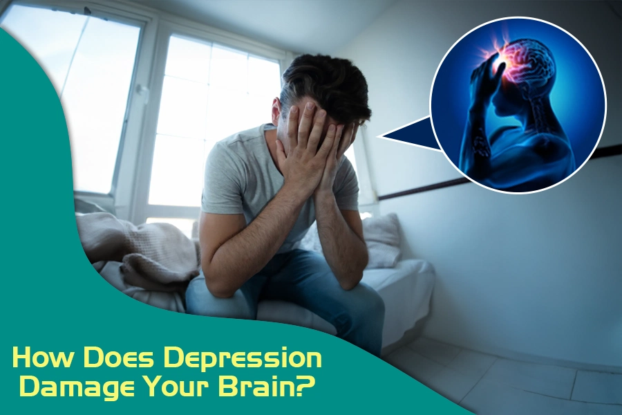 Young man showing signs of emotional distress while seated on a bed, with a brain highlighting mental health and depression