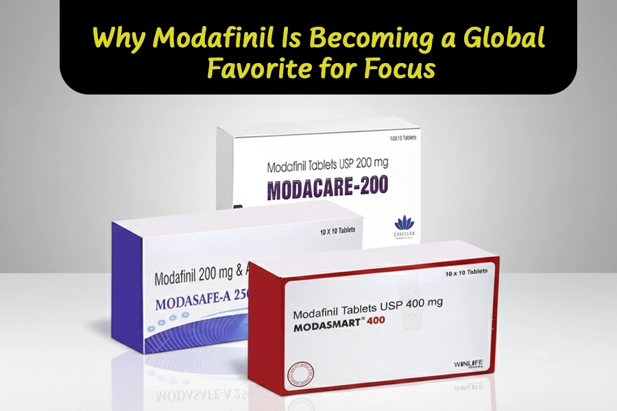 Modafinil medication boxes showcasing popular brands as part of a feature on why Modafinil is gaining global attention for focus and productivity