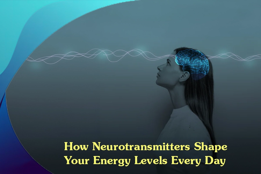 Woman profile with brain illustration showing neurotransmitters and energy levels.