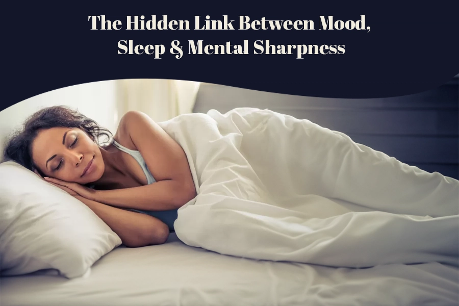 Woman sleeping peacefully in bed related to mood, sleep, and mental sharpness.