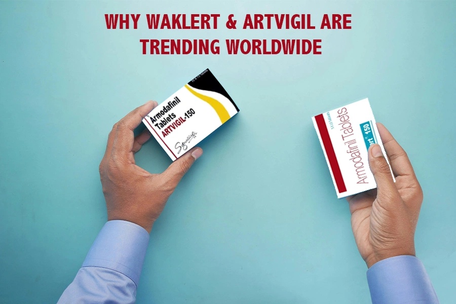 Person holding Waklert and Artvigil tablets, representing their worldwide popularity