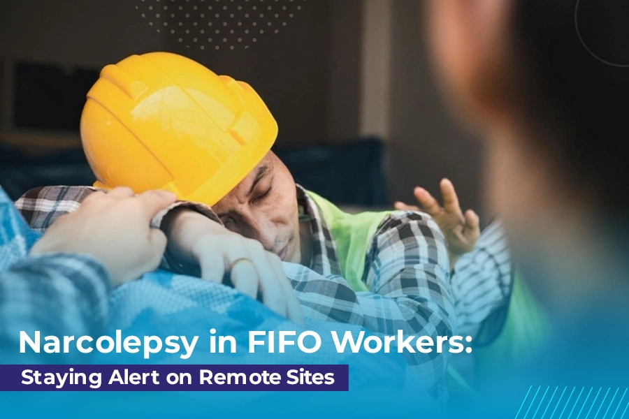 Fatigued laborer asleep in safety vest and helmet with caption about narcolepsy in remote work settings