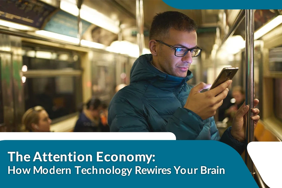 Man using a smartphone on a subway, representing digital distraction and attention economy.
