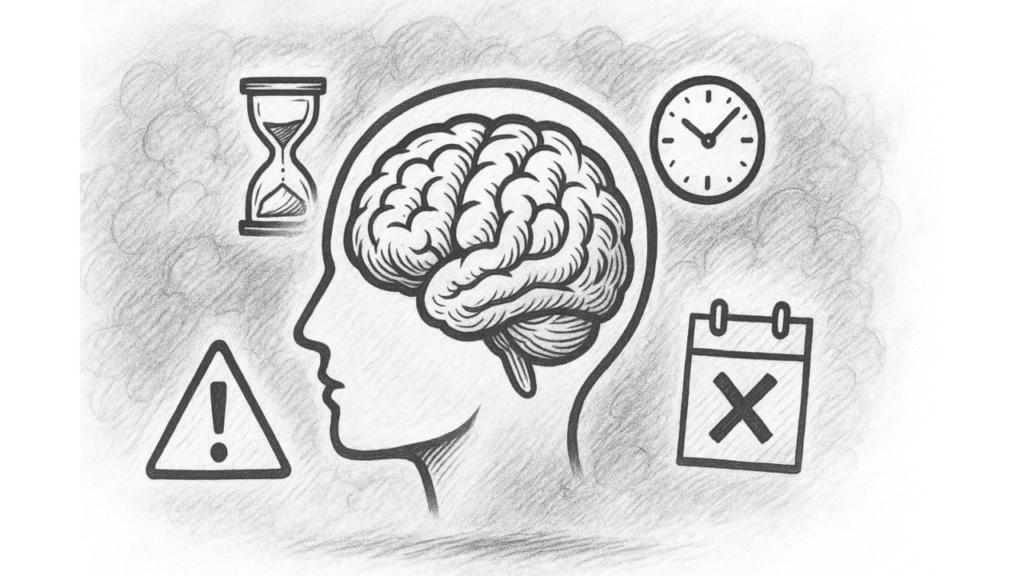 Brain with time and warning symbols