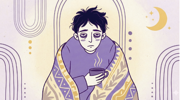 Illustration of a tired, sleep-deprived person with messy hair and droopy eyes, wrapped in a patterned blanket while holding a steaming cup, set against a soft background with abstract shapes and a crescent moon.