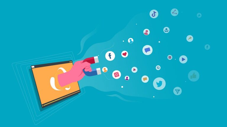 Illustration of a magnet pulling social media icons from a screen, representing digital attraction and user attention.