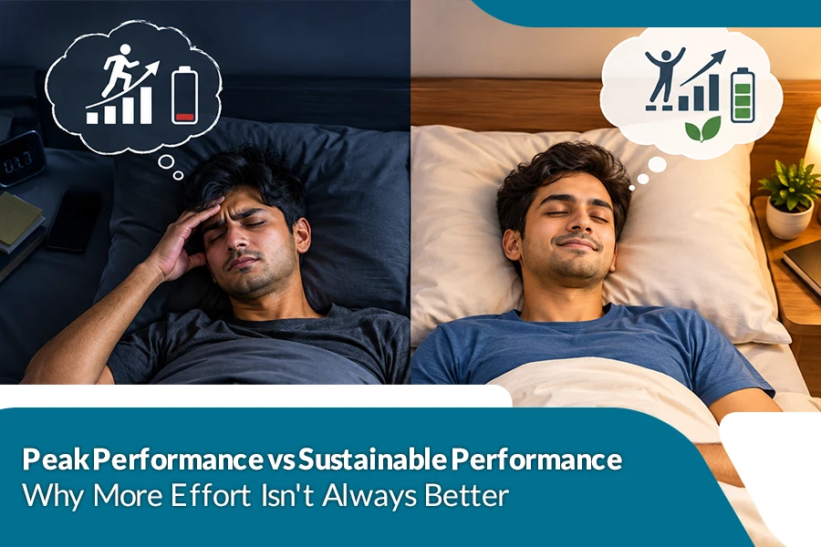 Tired man versus relaxed man representing peak and sustainable performance